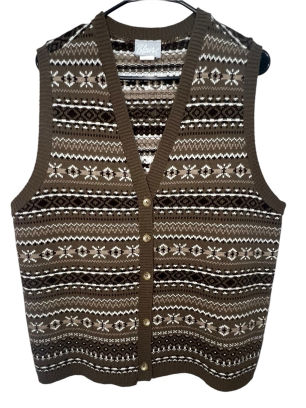 Blair Brown And Beige Nordic Fair Isle Knit Button Front Sweater Vest